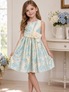 Crayon Kids Girl Blue Gold Floral Jacquard Dress Flower Girl Formal Wedding 9/10